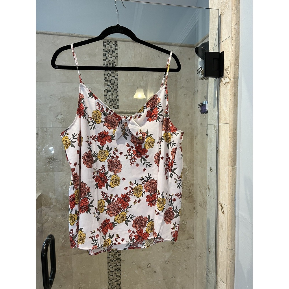 Ann Taylor Loft Tie Front Cami Red Blush Pink Poppy Orange Floral Tank XL NEW